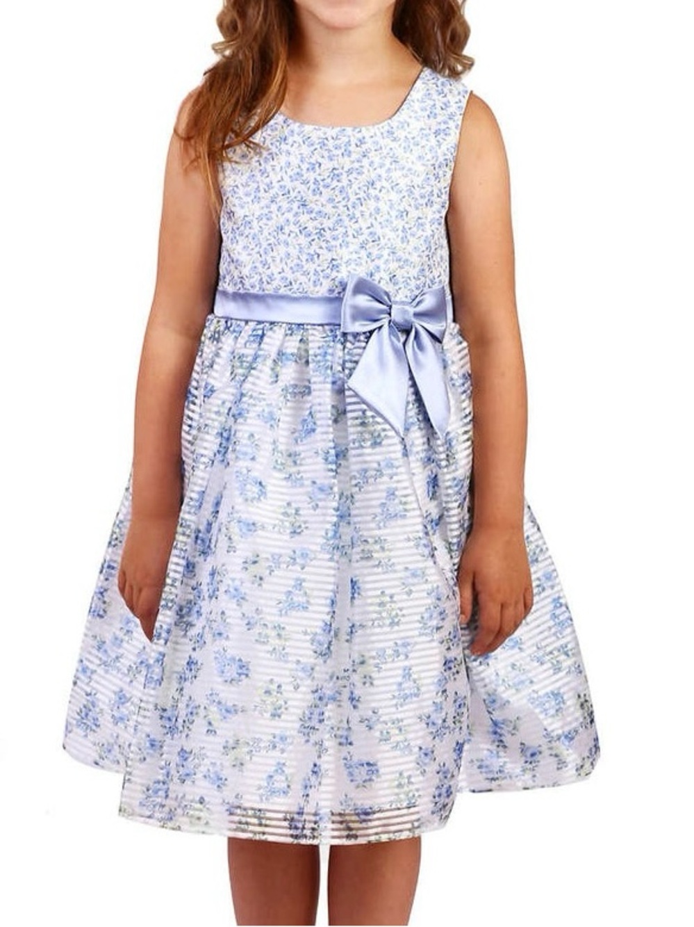 Jona Michelle Girls Blue White Sleeveless Dress Size 4T Front Bow